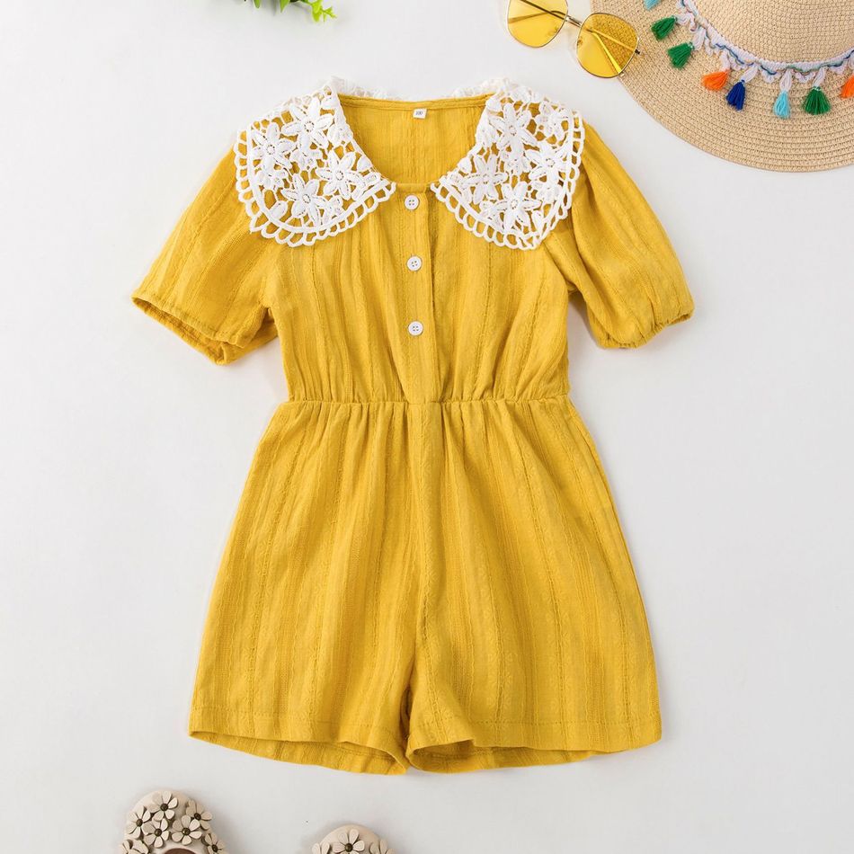 Toddler Girl 100% Cotton Lace Doll Collar Button Design Short-sleeve Yellow Romper Yellow