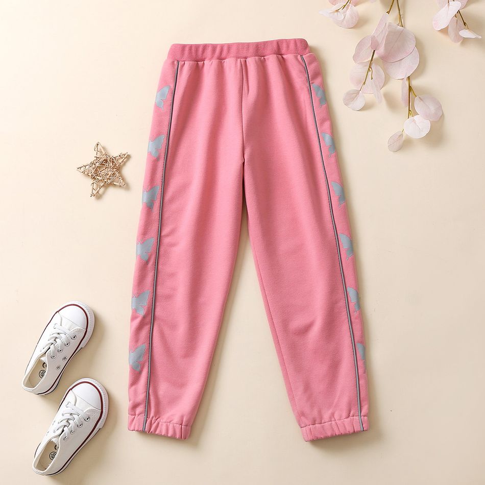 Kid Girl Butterfly Print Striped Elasticized Casual Pants Pink