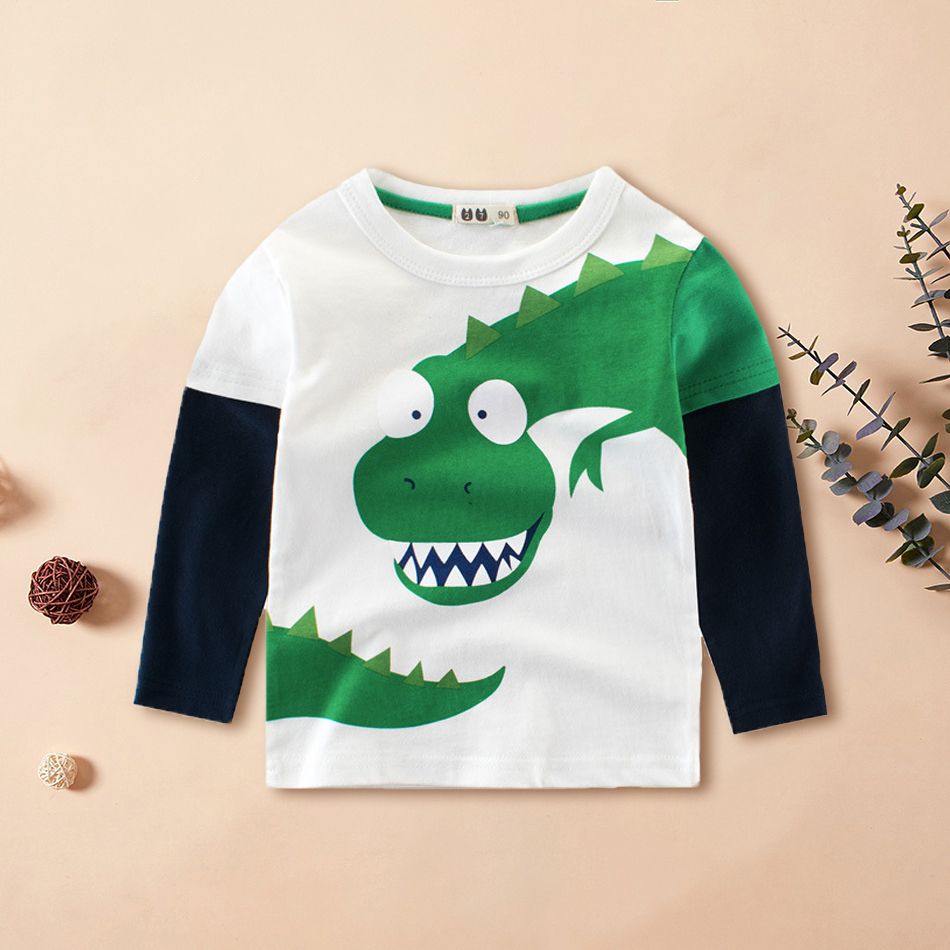 Kid Boy 100% Cotton Animal Dinosaur Print Colorblock Breathable Long-sleeve Tee White big image 2