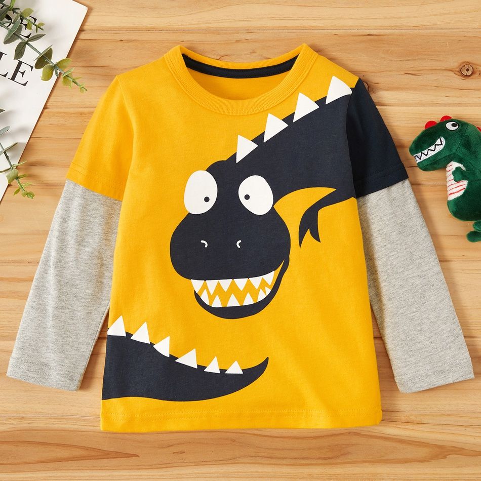 Kid Boy 100% Cotton Animal Dinosaur Print Colorblock Breathable Long-sleeve Tee Orange big image 1