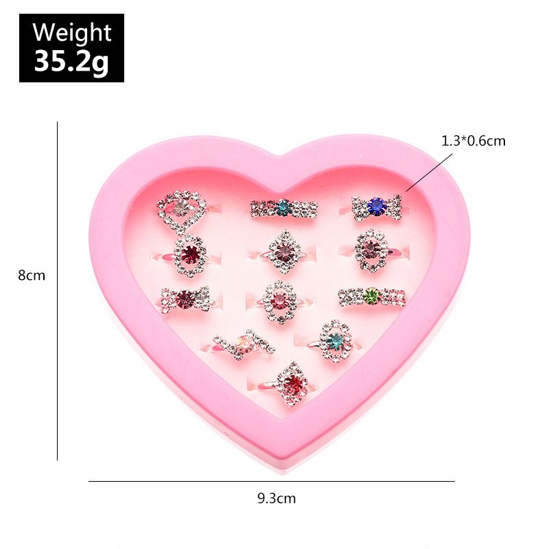Conjuntos de 12 anéis de pedras preciosas de strass anéis de joias infantis com vitrine em formato de coração para meninas (padrão aleatório) Multicolorido