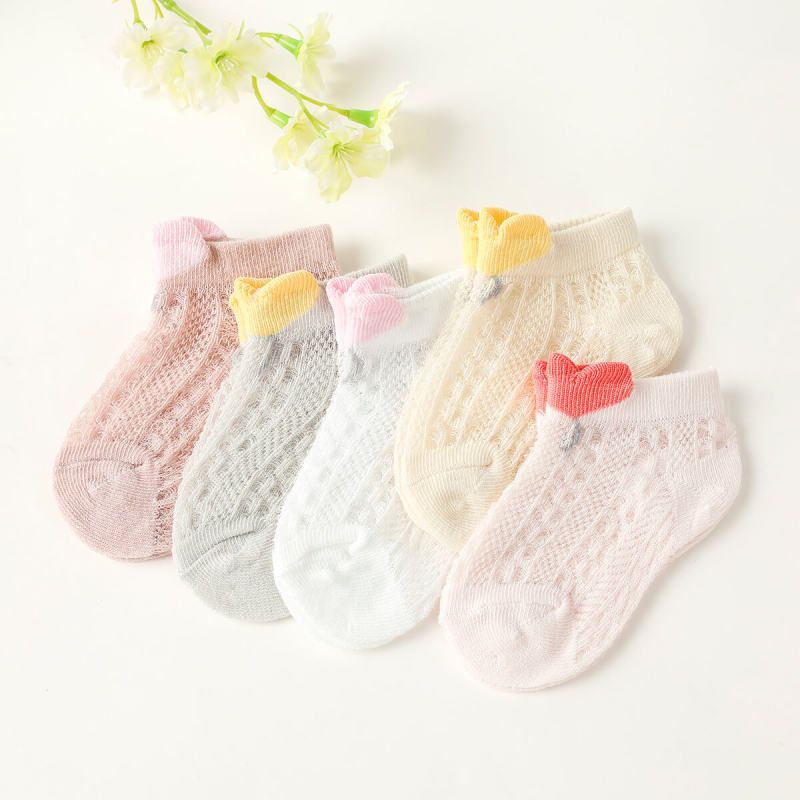 5 pares de meias de malha para bebê / criança com acabamento em coração Rosa