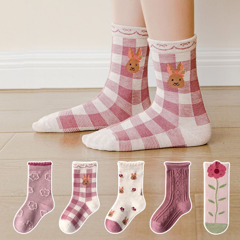 5 pares de meias xadrez floral infantil com padrão de ursinho Rosa big image 2