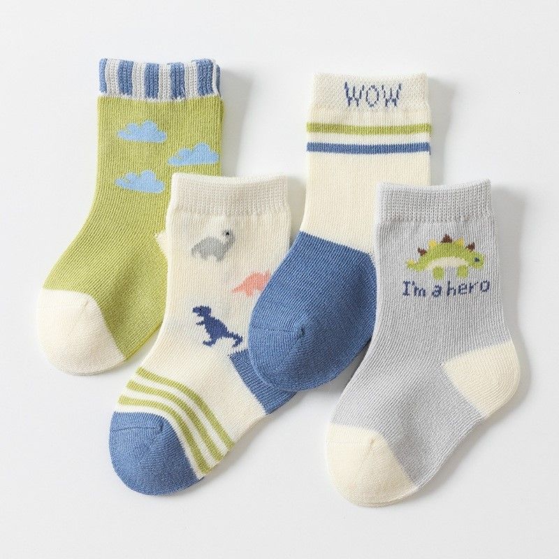 4-pairs Baby / Toddler Cartoon Dinosaur Pattern Crew Socks Set Multi-color
