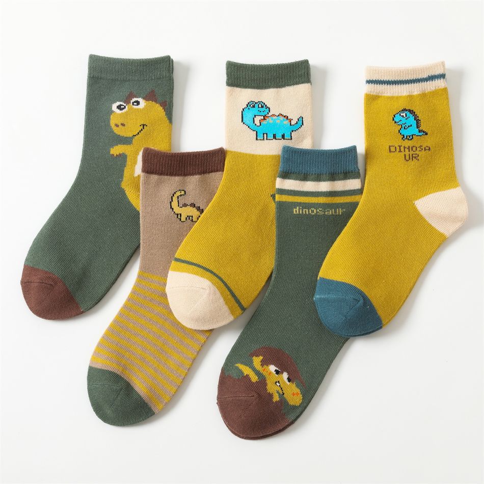 Conjunto de 5 pares de meias com estampa de dinossauro de desenho animado para crianças Verde Escuro