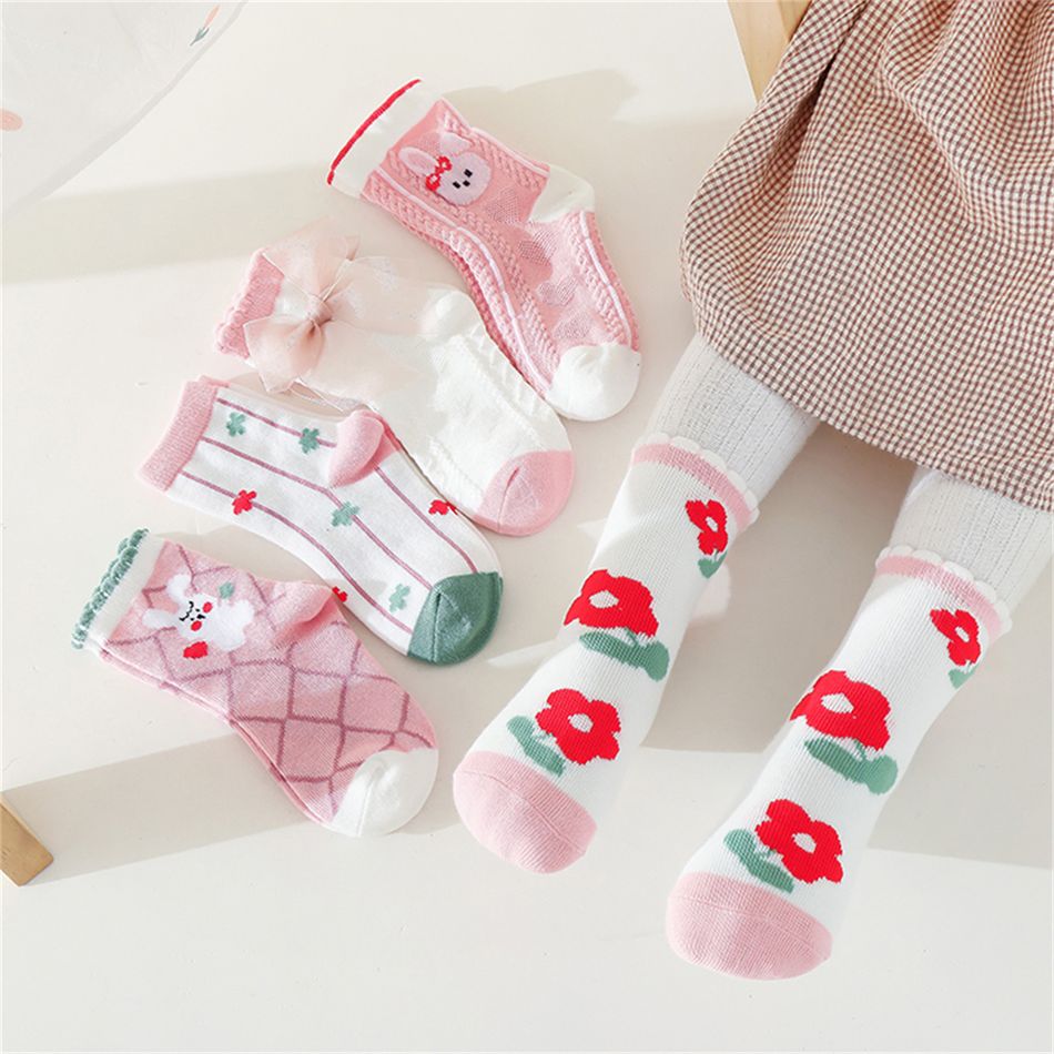 5-pairs Toddler / Kid Bow Decor Floral Pattern Socks Set Pink big image 1