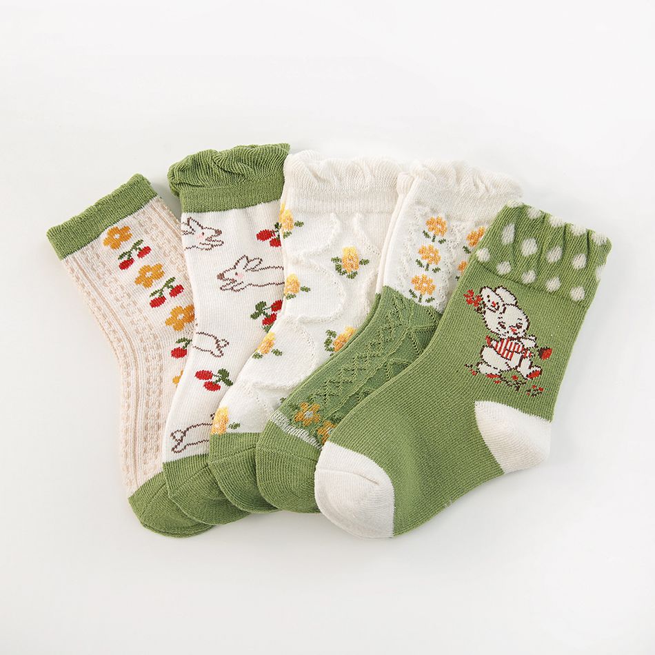 5-pairs Toddler Ruched Trim Socks Set Green