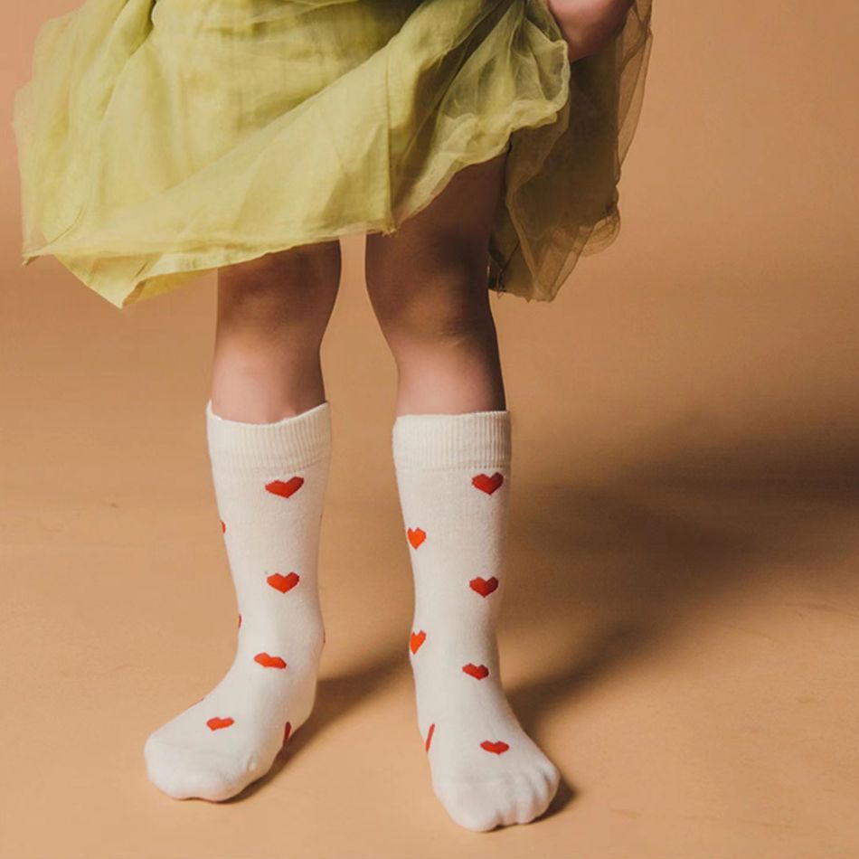2 Pairs Valentine's Day Baby / Toddler Heart Pattern Crew Socks Beige big image 1