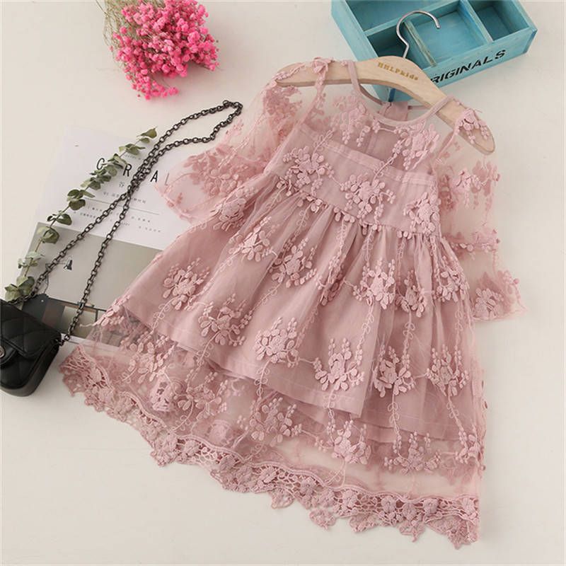 Solid Floral Mesh Splice Long-sleeve Baby Dress Pink