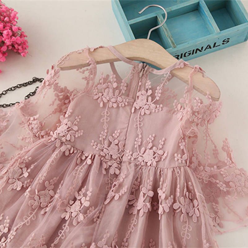Solid Floral Mesh Splice Long-sleeve Baby Dress Pink big image 3
