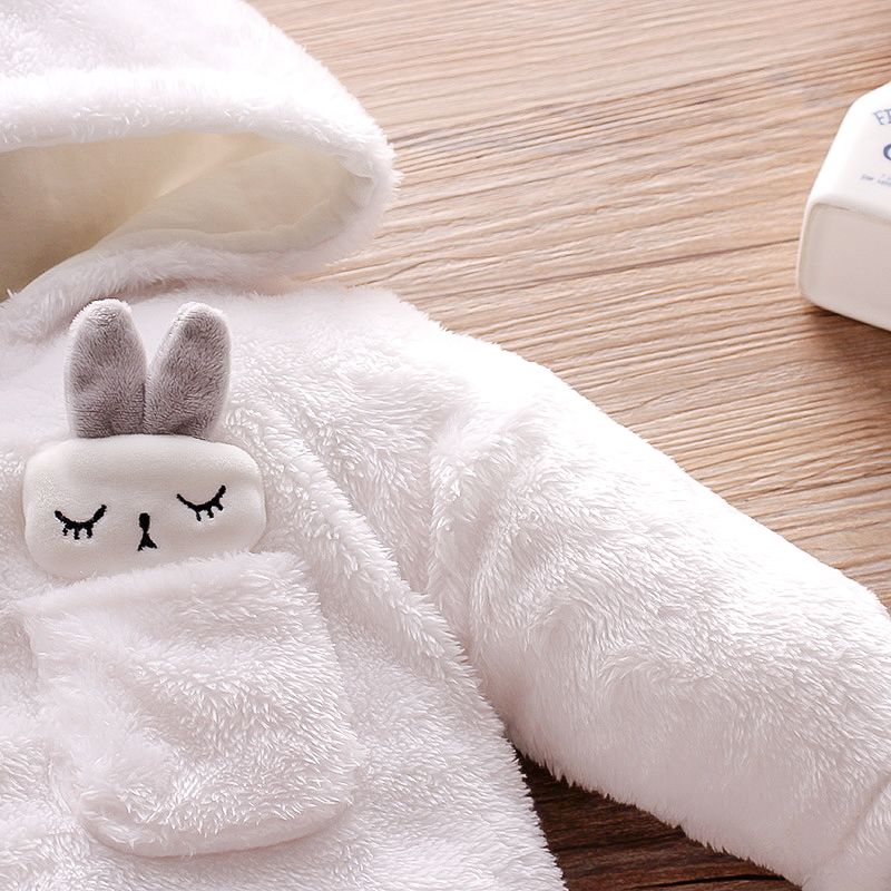 Solid Rabbit Decor Fleece Hooded Footed/footie Long-sleeve Baby Jumpsuit White big image 1