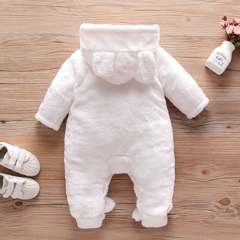 Solid Rabbit Decor Fleece Hooded Footed/footie Long-sleeve Baby Jumpsuit White big image 2