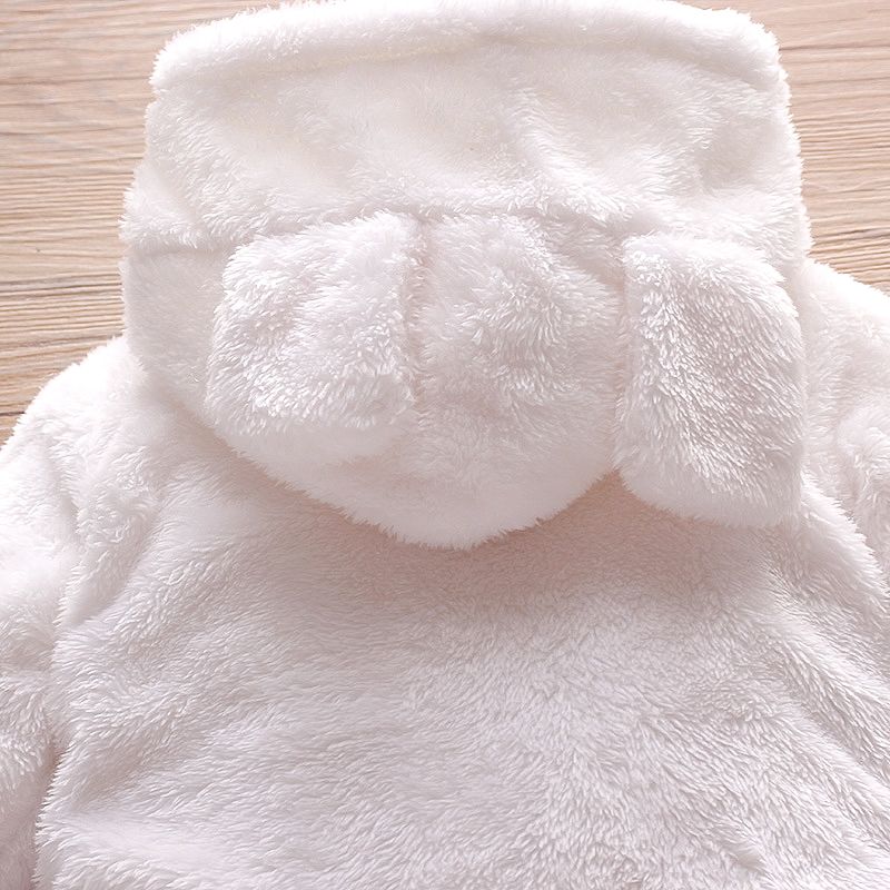 Solid Rabbit Decor Fleece Hooded Footed/footie Long-sleeve Baby Jumpsuit White big image 3