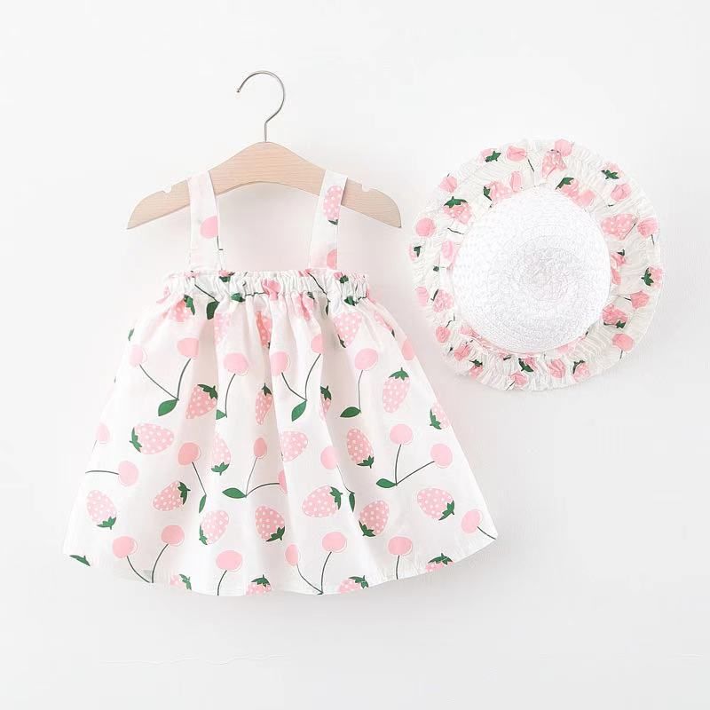 Baby / Toddler Cutie Fruit Cherry Sling Dress With Hat Pink