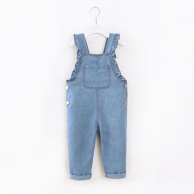 Toddler Girl Ruffled Denim Suspender Overalls Blue big image 7