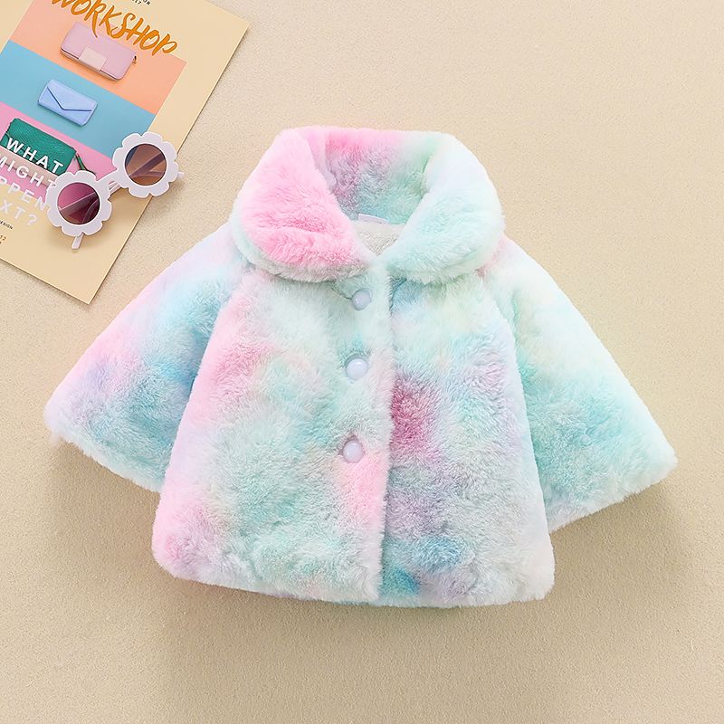 Tie Dye Multicolor Button Front Long-sleeve Plush Baby Coat Jacket Multi-color