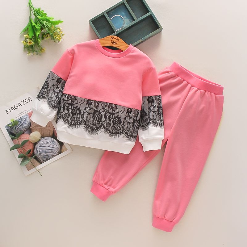 Conjunto de pulôver de 2 peças com design de renda feminina em bloco de cores e calça rosa Rosa