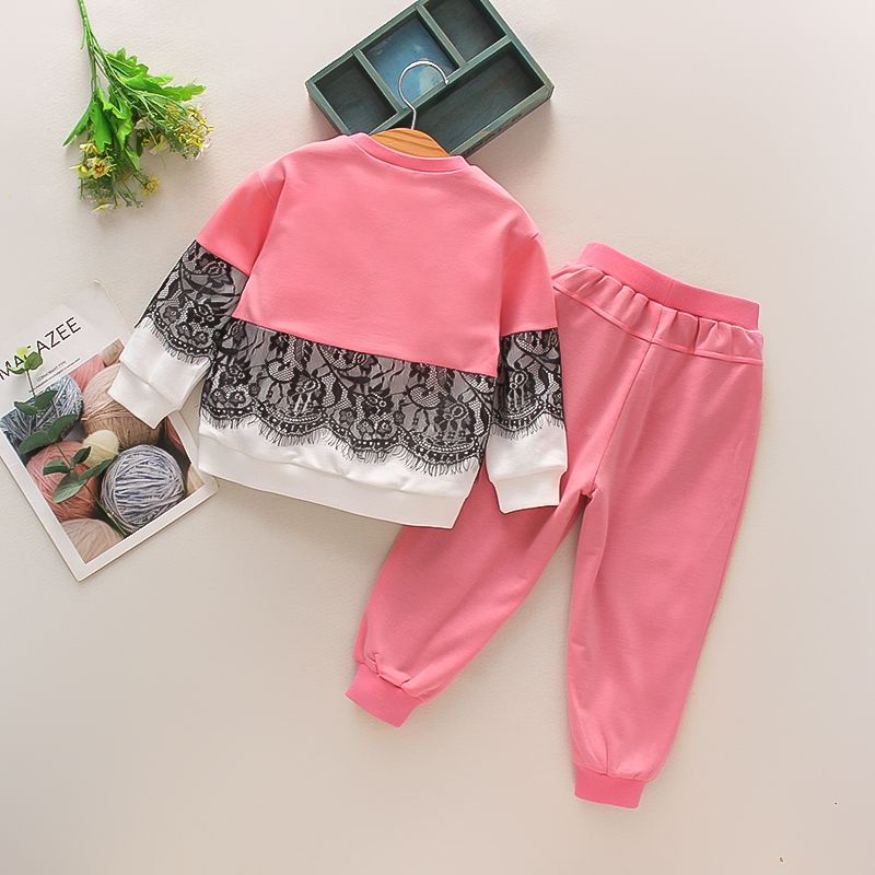 2-piece Toddler Girl Lace Design Colorblock Pullover and Pink Pants Set Pink big image 2