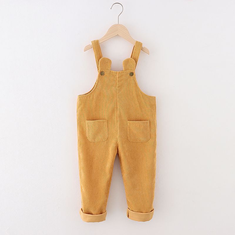 1-piece Toddler Girl Solid Color Corduroy Overalls/ Turtleneck Ribbed Long-sleeve Tee Yellow