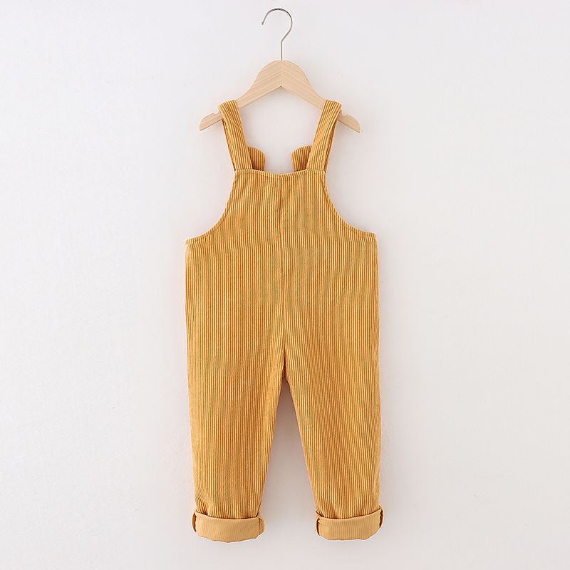 Macacão de veludo cotelê de cor sólida para menina de 1 peça/camiseta de manga comprida canelada gola alta Amarelo big image 2