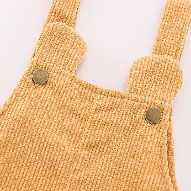 Macacão de veludo cotelê de cor sólida para menina de 1 peça/camiseta de manga comprida canelada gola alta Amarelo big image 3