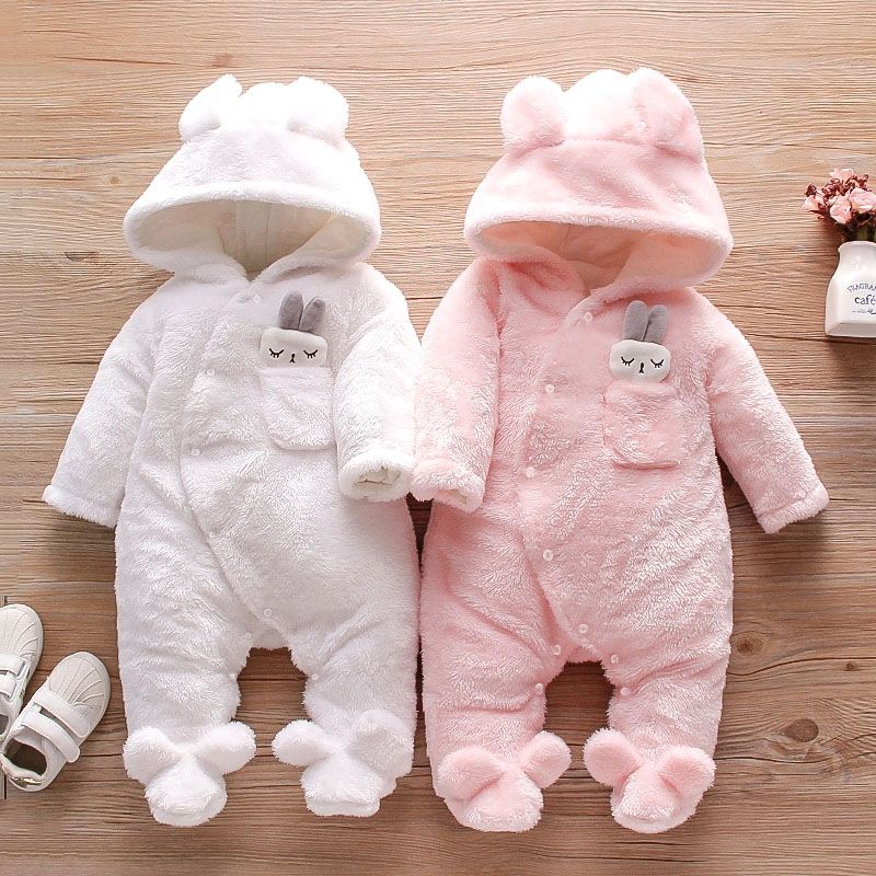 Solid Rabbit Decor Fleece Hooded Footed/footie Long-sleeve Baby Jumpsuit White big image 4