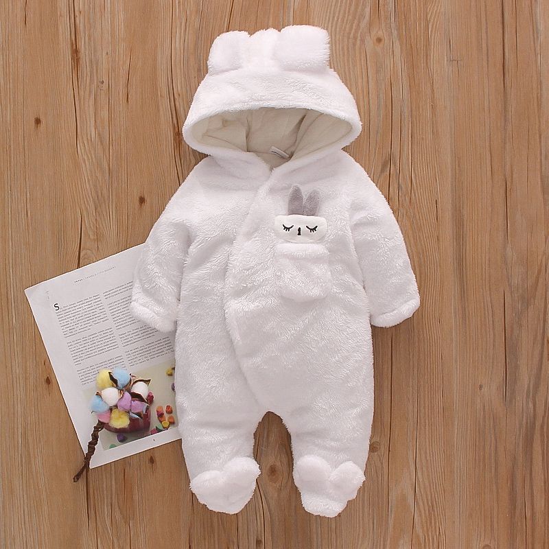 Solid Rabbit Decor Fleece Hooded Footed/footie Long-sleeve Baby Jumpsuit White big image 5