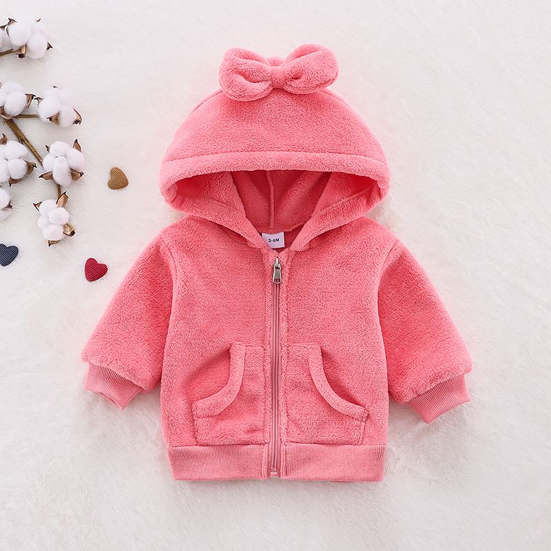 Cartoon Bear 3D Ears Solid Long-sleeve Hooded Baby Fleece Coat Jacket Pink big image 1