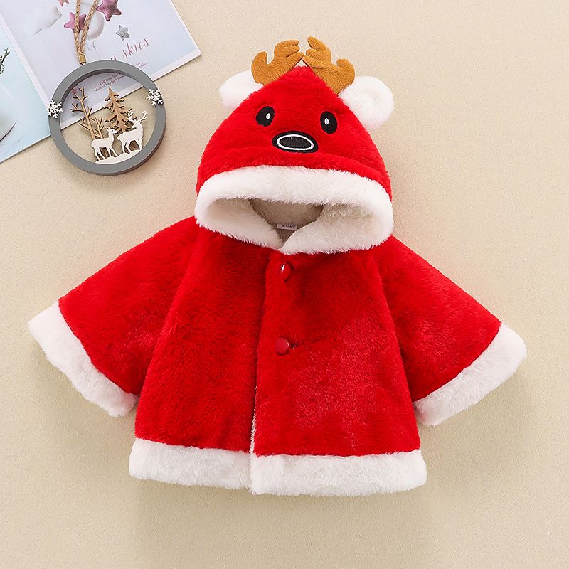 Toddler Girl/Boy Christmas Deer Antlers Design Fuzzy Hooded Coat Red