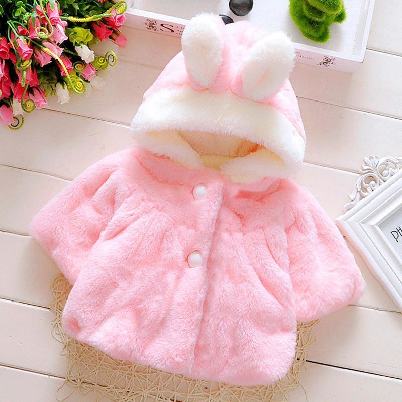 3D Ears Pink Thickened Fuzzy Fleece Long-sleeve Baby Cloak Coat Pink