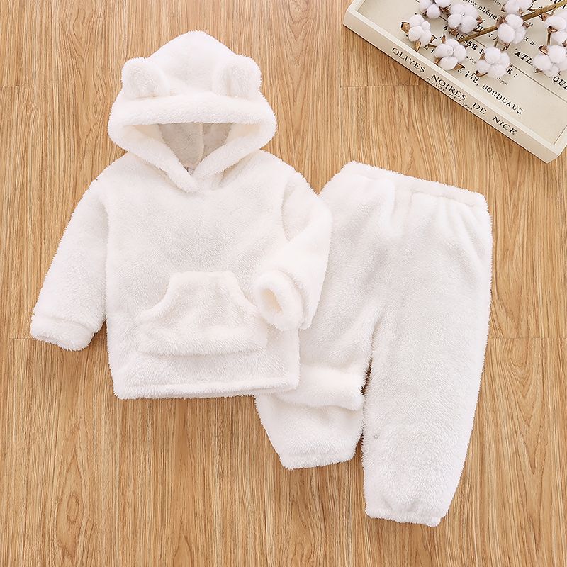 2pcs Baby Solid Thickened Fleece 3D Ears Long-sleeve Hoodie and Pants Set White big image 1