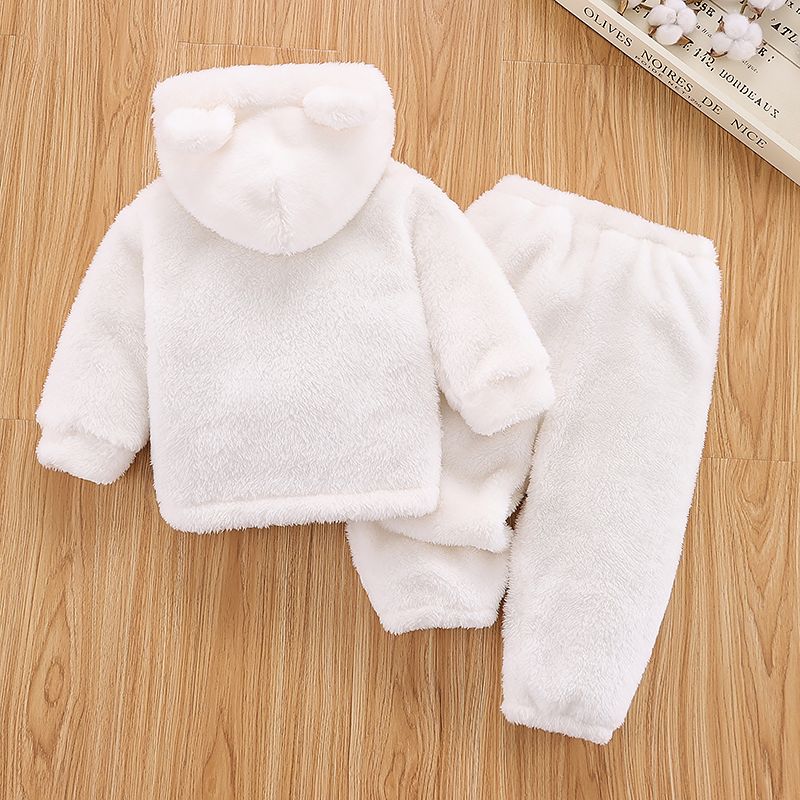2pcs Baby Solid Thickened Fleece 3D Ears Long-sleeve Hoodie and Pants Set White big image 3