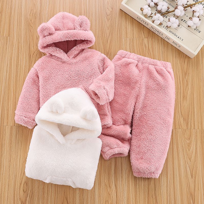 2pcs Baby Solid Thickened Fleece 3D Ears Long-sleeve Hoodie and Pants Set White big image 2
