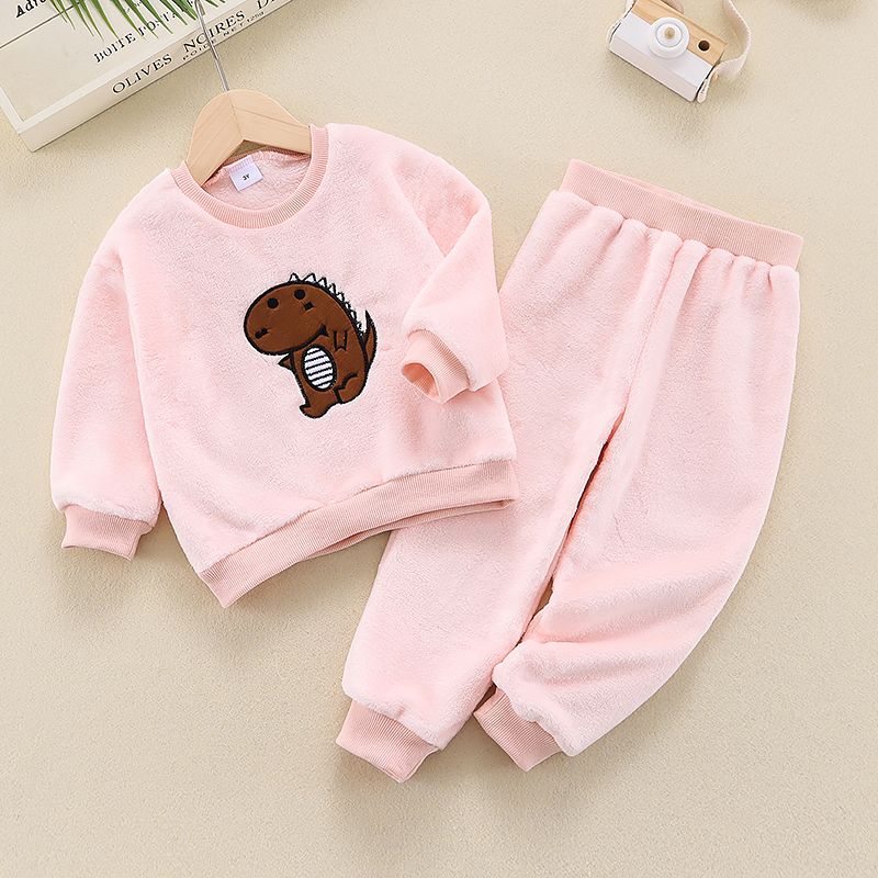 2-piece Toddler Girl/Boy Dinosaur Print Fuzzy Pullover and Solid Pants Set Pink