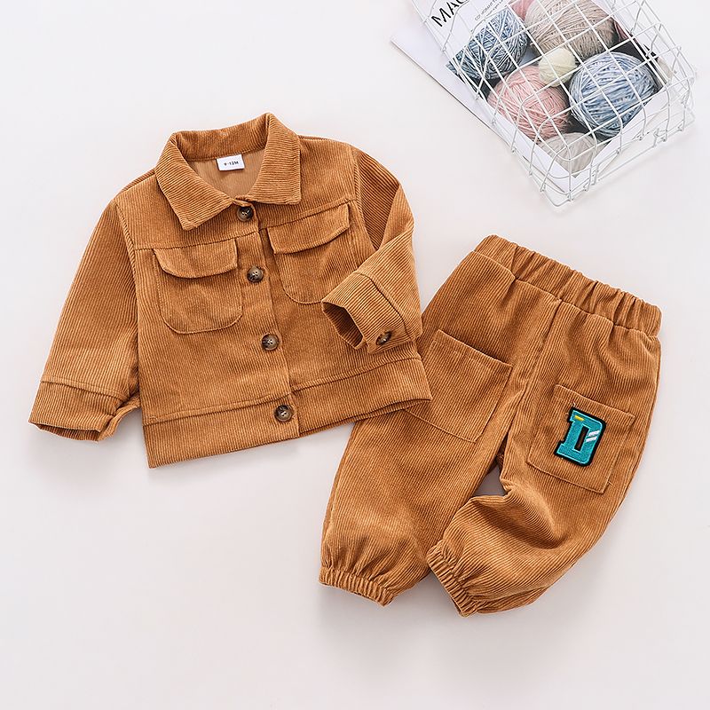 2pcs Baby Khaki Lapel Button Down Long-sleeve Jacket and Pants Set Khaki