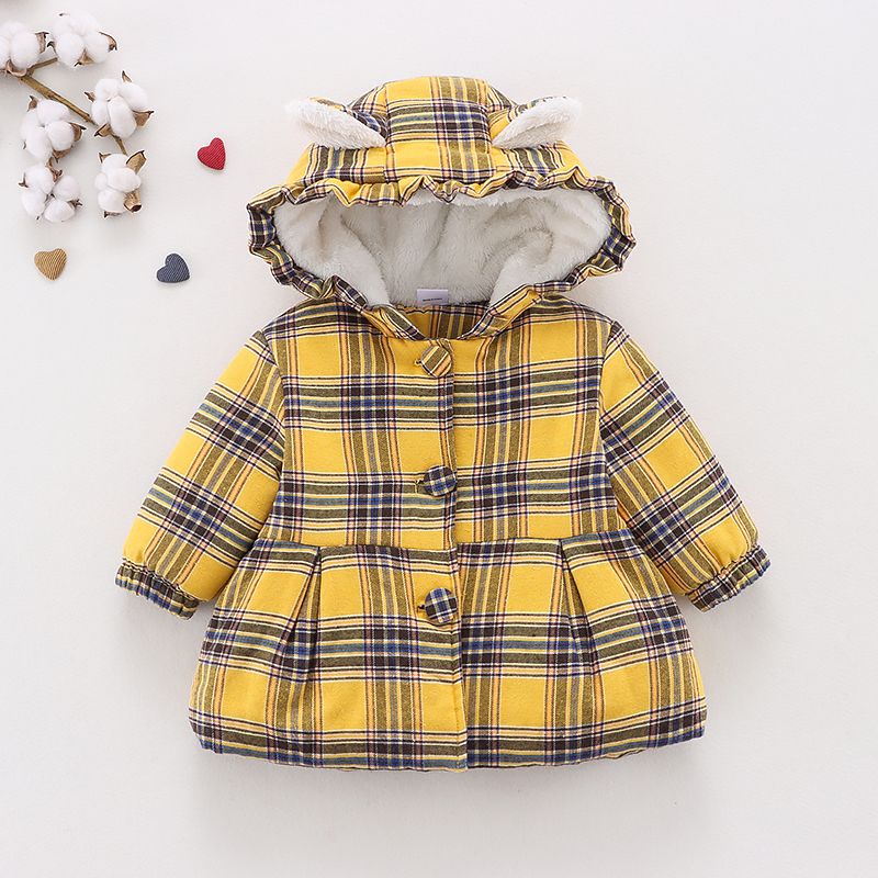 Toddler Girl 100% Cotton Plaid Fuzzy Fleece Lined Button Design Hooded Coat Yellow