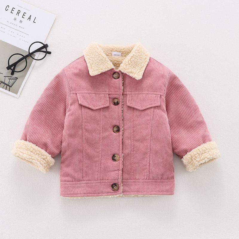 Toddler Girl/Boy Lapel Collar Button Design Fleece Lined Coat Pink big image 1