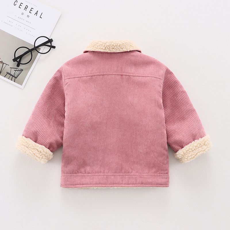 Toddler Girl/Boy Lapel Collar Button Design Fleece Lined Coat Pink big image 2