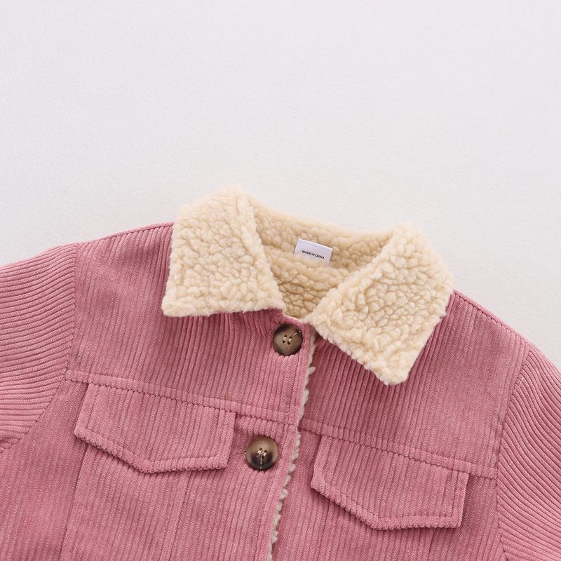 Toddler Girl/Boy Lapel Collar Button Design Fleece Lined Coat Pink big image 3