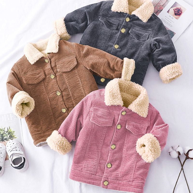 Toddler Girl/Boy Lapel Collar Button Design Fleece Lined Coat Pink big image 5