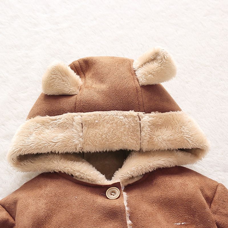 3D Ear Solid Suede and Fleece Long-sleeve Baby Hooded Coat Jacket Coffee big image 3