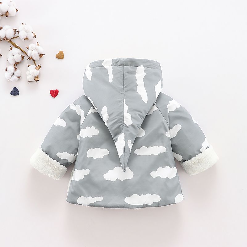 Baby All Over Cloud Print Grey Long-sleeve Hooded Thickened Fleece Lined Outwear Grey big image 2
