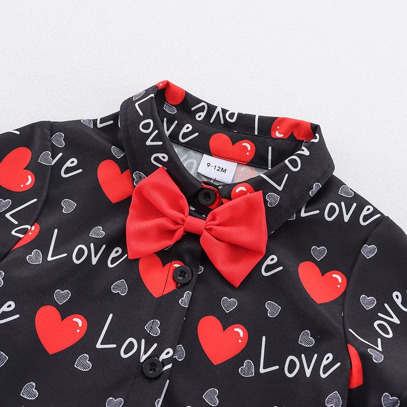 2pcs Baby Boy Love Heart and Letter Print Black Short-sleeve Gentleman Shirt with Shorts Set Red big image 2