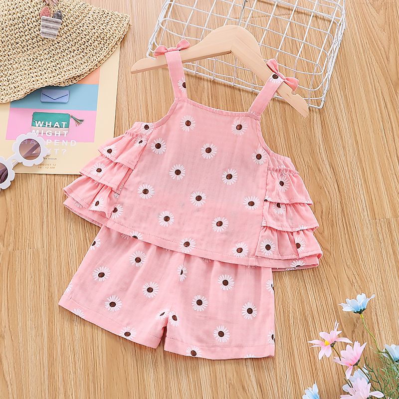 100% Cotton 2pcs Baby Girl Allover Floral Print Sleeveless Spaghetti Strap Layered Ruffle Top and Shorts Set Pink big image 2