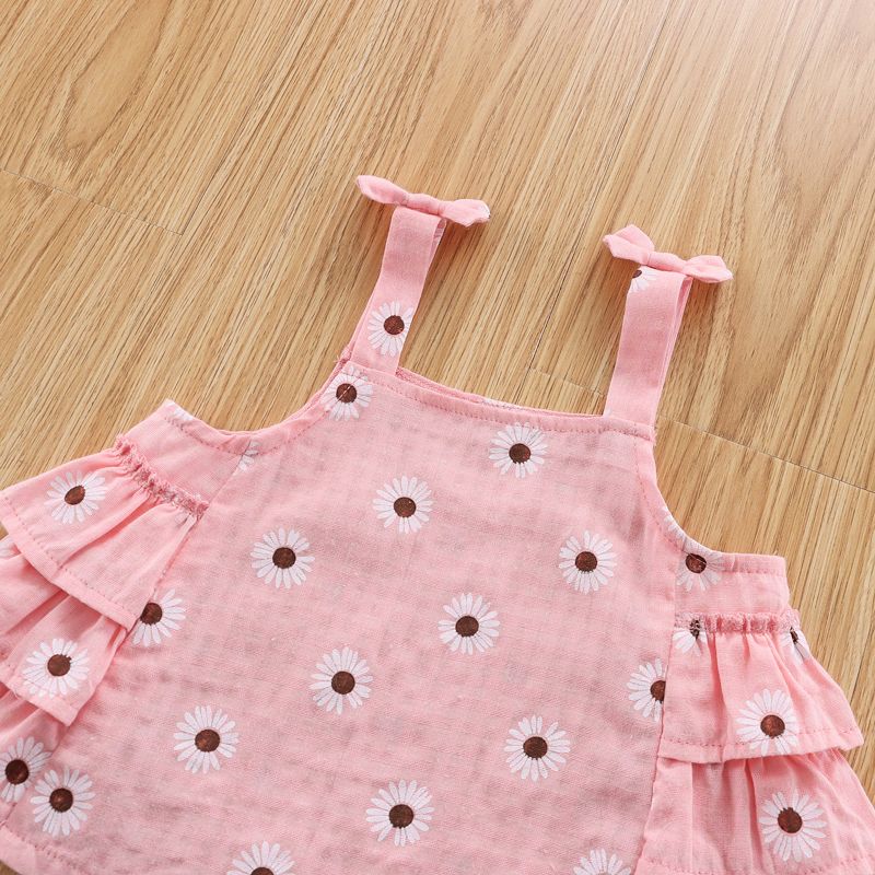 100% Cotton 2pcs Baby Girl Allover Floral Print Sleeveless Spaghetti Strap Layered Ruffle Top and Shorts Set Pink big image 3