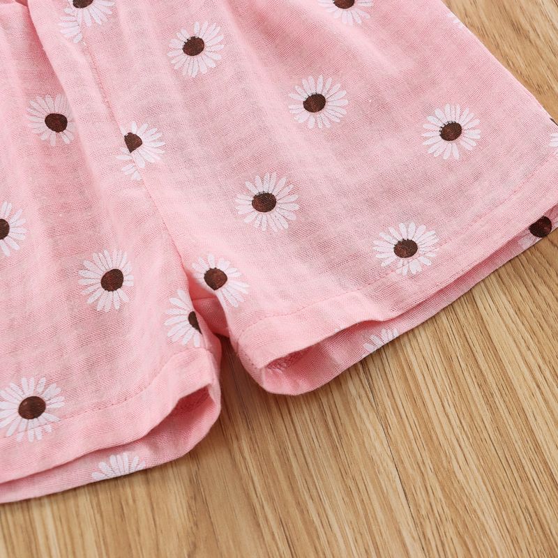 100% Cotton 2pcs Baby Girl Allover Floral Print Sleeveless Spaghetti Strap Layered Ruffle Top and Shorts Set Pink big image 4
