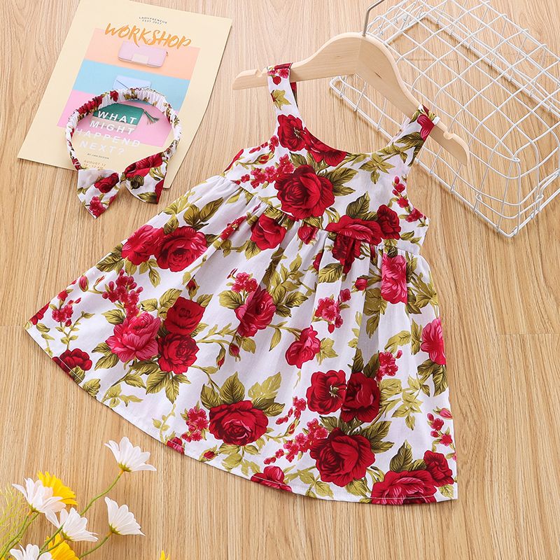 100% Cotton 2pcs Baby Girl All Over Red Floral Print Sleeveless Bowknot Dress with Headband Set Red