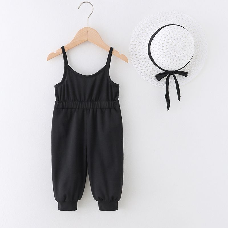 2pcs Baby Boy/Girl Solid Spaghetti Strap Overalls with Hat Set Black