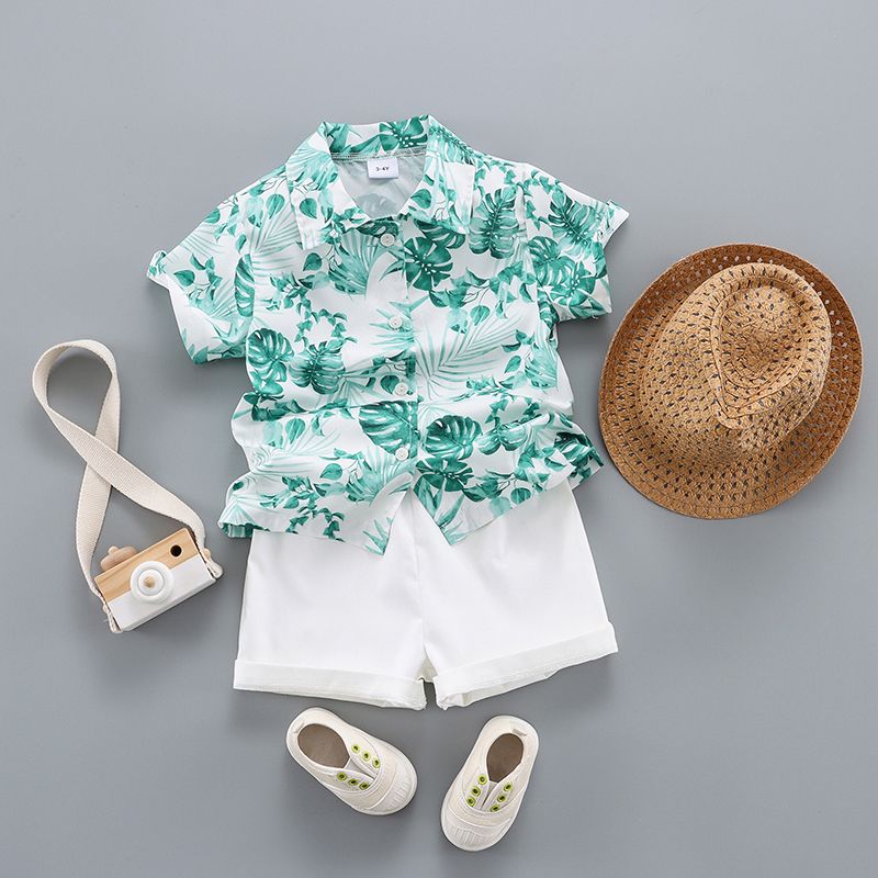 3pcs Toddler Boy Straw Hat and Floral Leaf Print Shirt & Shorts Set White