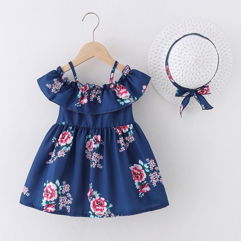2pcs Baby Girl Floral Print Blue Sleeveless Spaghetti Strap Ruffle Dress with Hat Set Blue big image 3